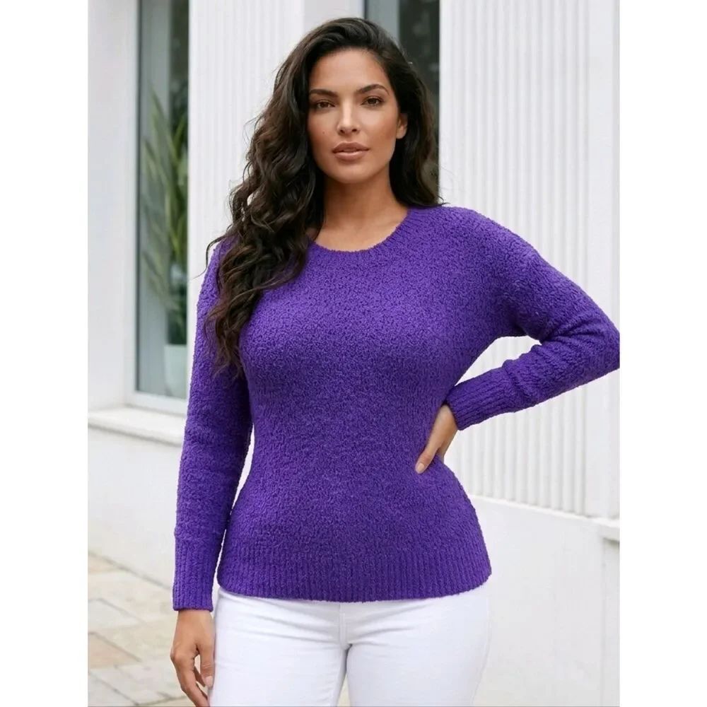 Purple Chenille Sweater Medium Seven7 Popcorn Knit Cozy Bold Crewneck Pullover